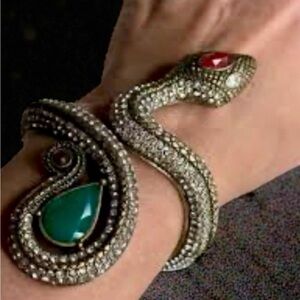Rare Vintage Unique Statement Brass with Crystals and Stones Wrap Cuff Bracelet